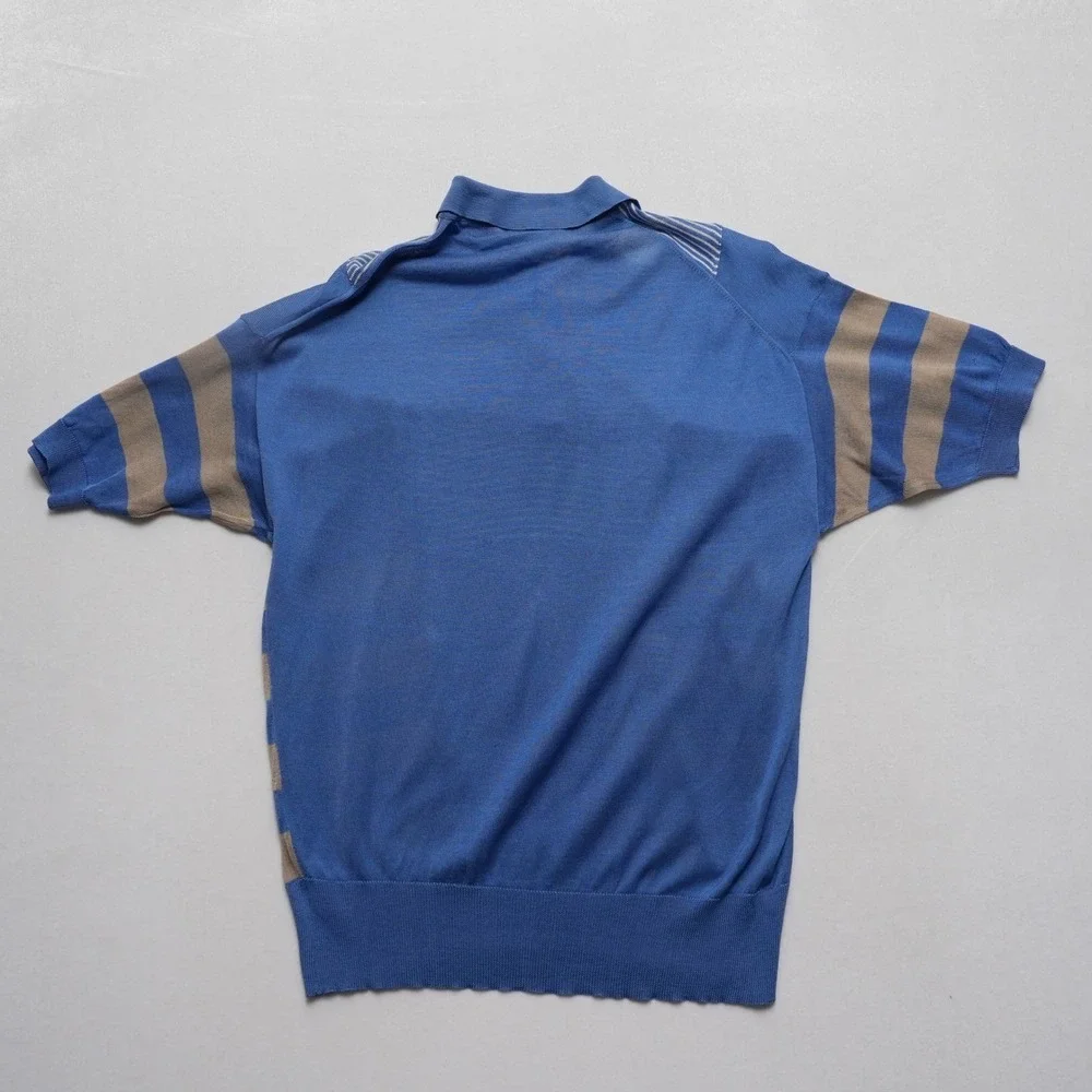 Vintage Modigliani Knit Polo Shirt Mens 48 Blue Striped Made in Italy 90s Retro - Picture 9 of 16